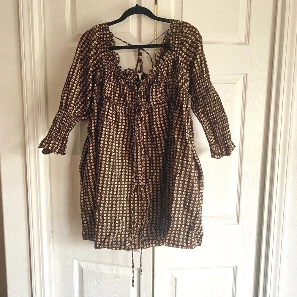 Free People Brown Geometric Print Smocked Sleeve Mini Dress Square‎ Neck SMALL